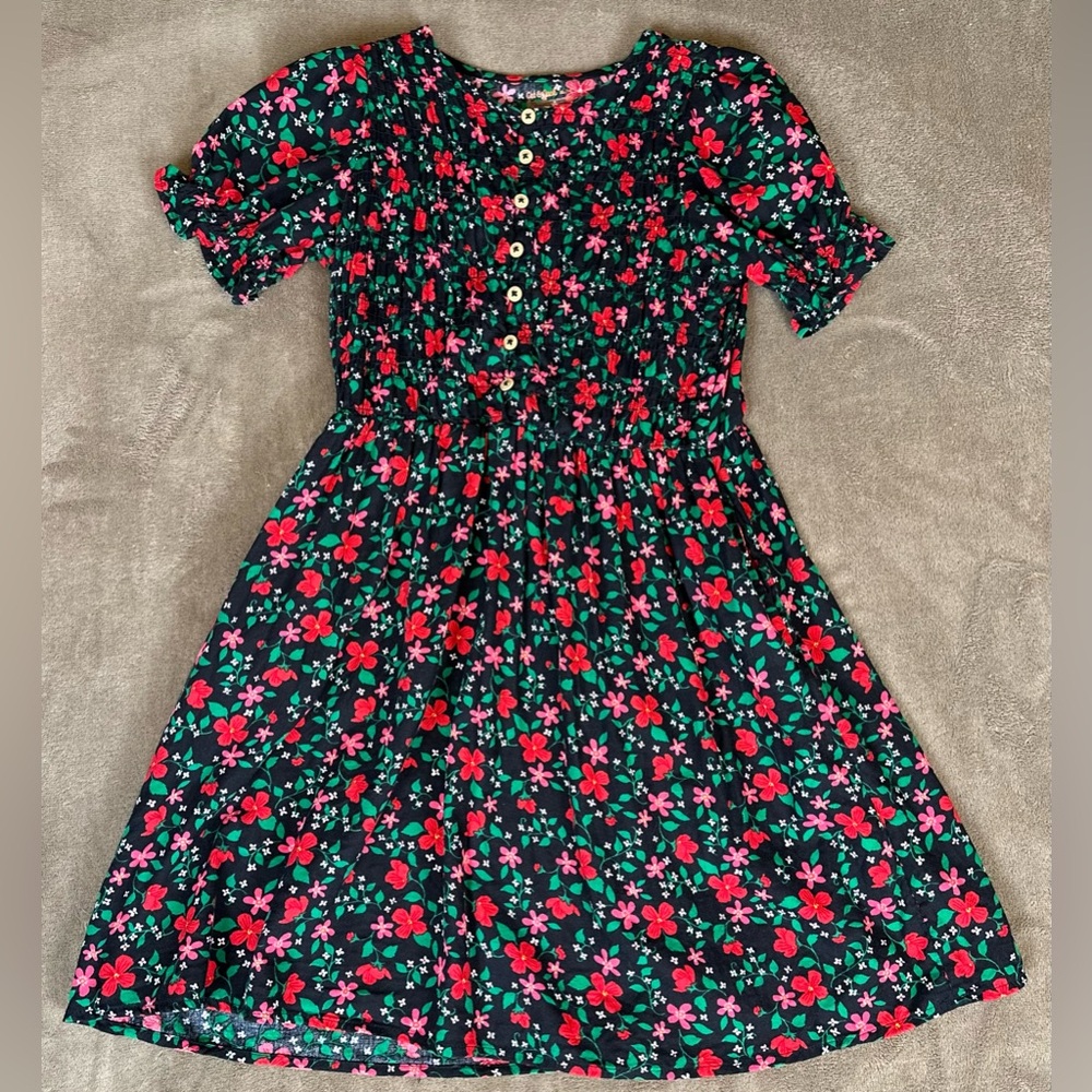 Cat & Jack Girls XL 14 Dress Black Red Floral Button Front Short Sleeve Smocked